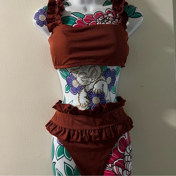 Shein Orange Rust Ruffle Ribbed Two Piece Swimsuit - Picture 1 of 5